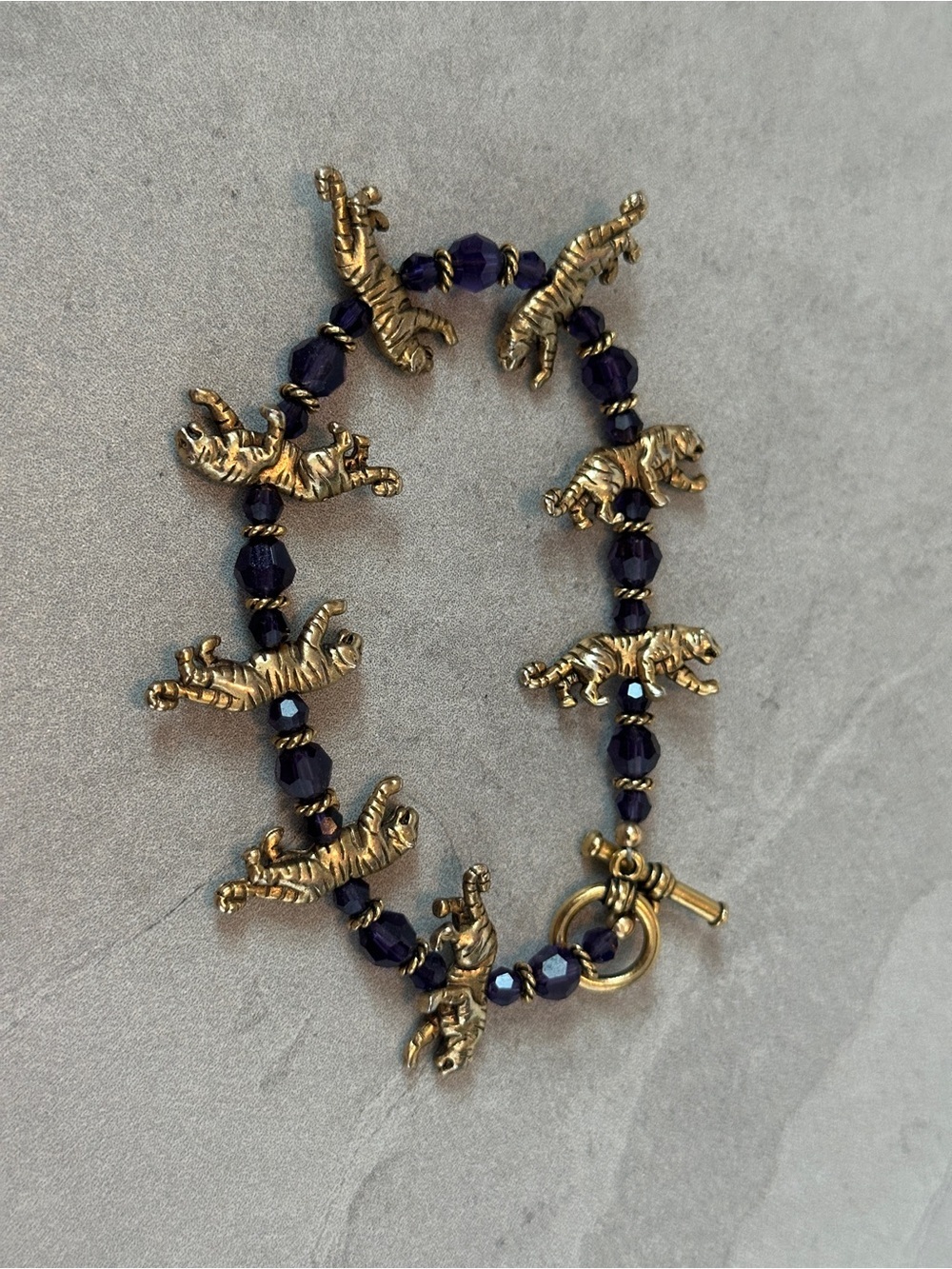 Custom Gold Tiger & Purple Crystal Bead Bracelet 8”